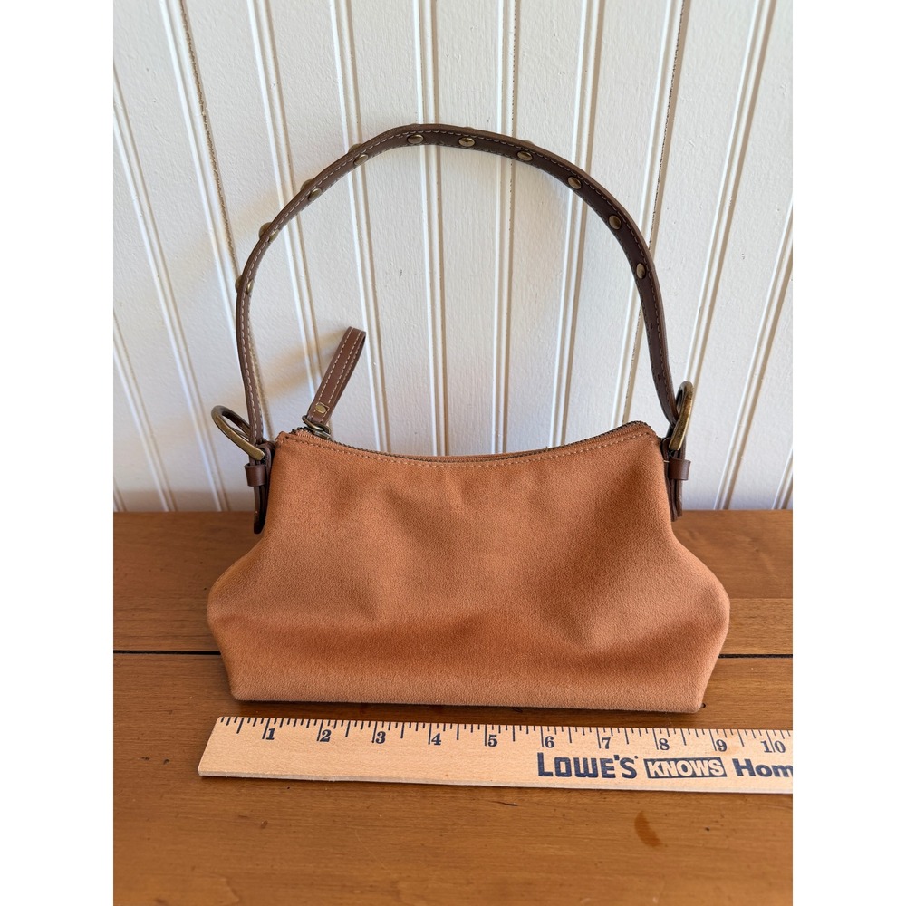 Nine West Tan Faux Suede Baguette Shoulder Bag Studded Brown Strap Y2K Boho